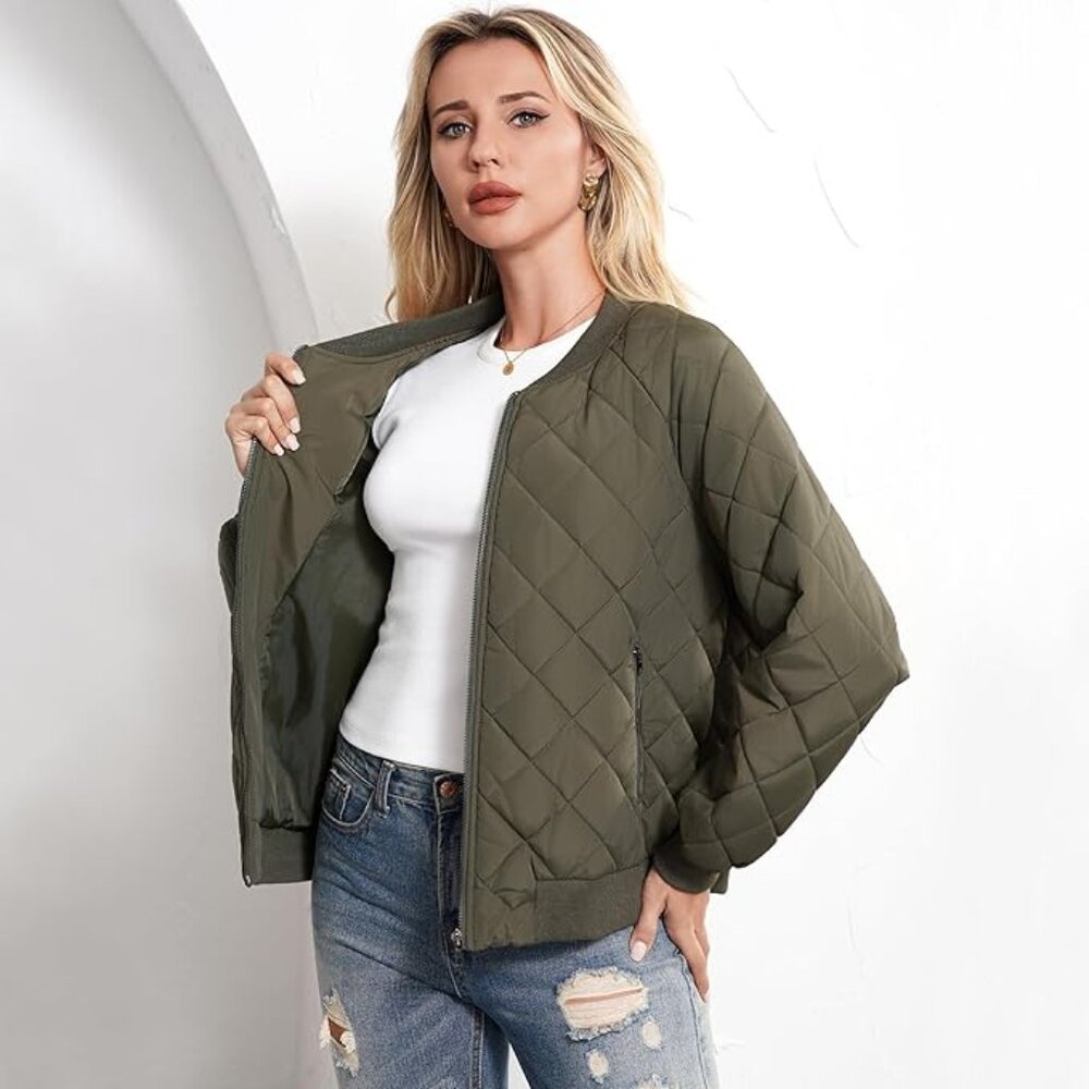 Women's Bomber Jacket - Fashion Quilted Casual Lightweight Zip up